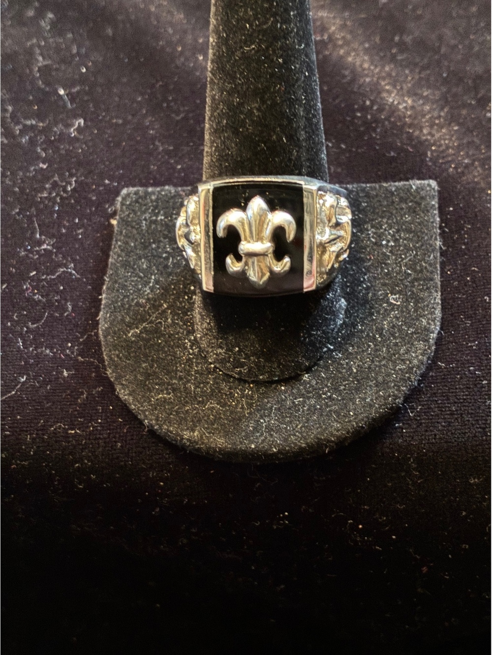 Men’s Stainless Steel Fleur-De-Lis Black Onyx Signet Statement Ring - Size 10